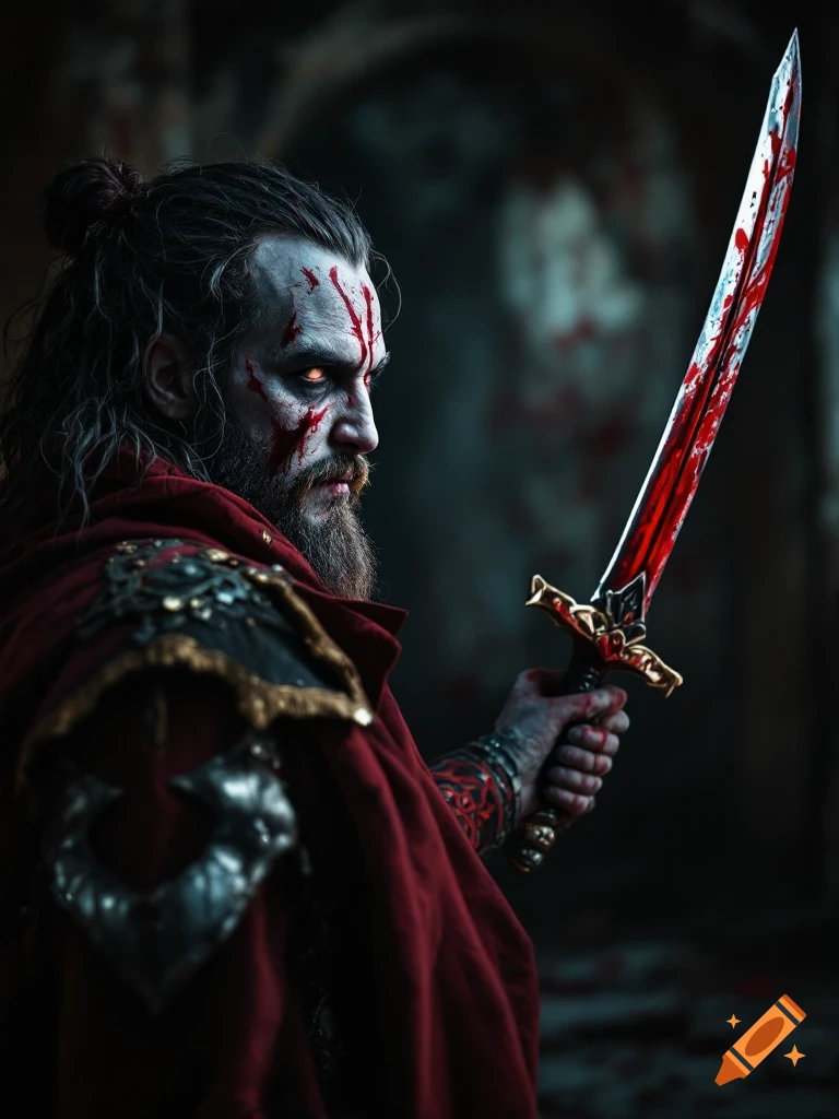 Dark fantasy portrait of a warrior with a blood-splattered face holding a bloody sword.