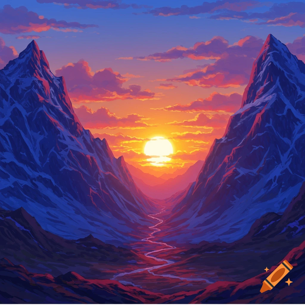 A sunset over a mountain valley with a winding river.