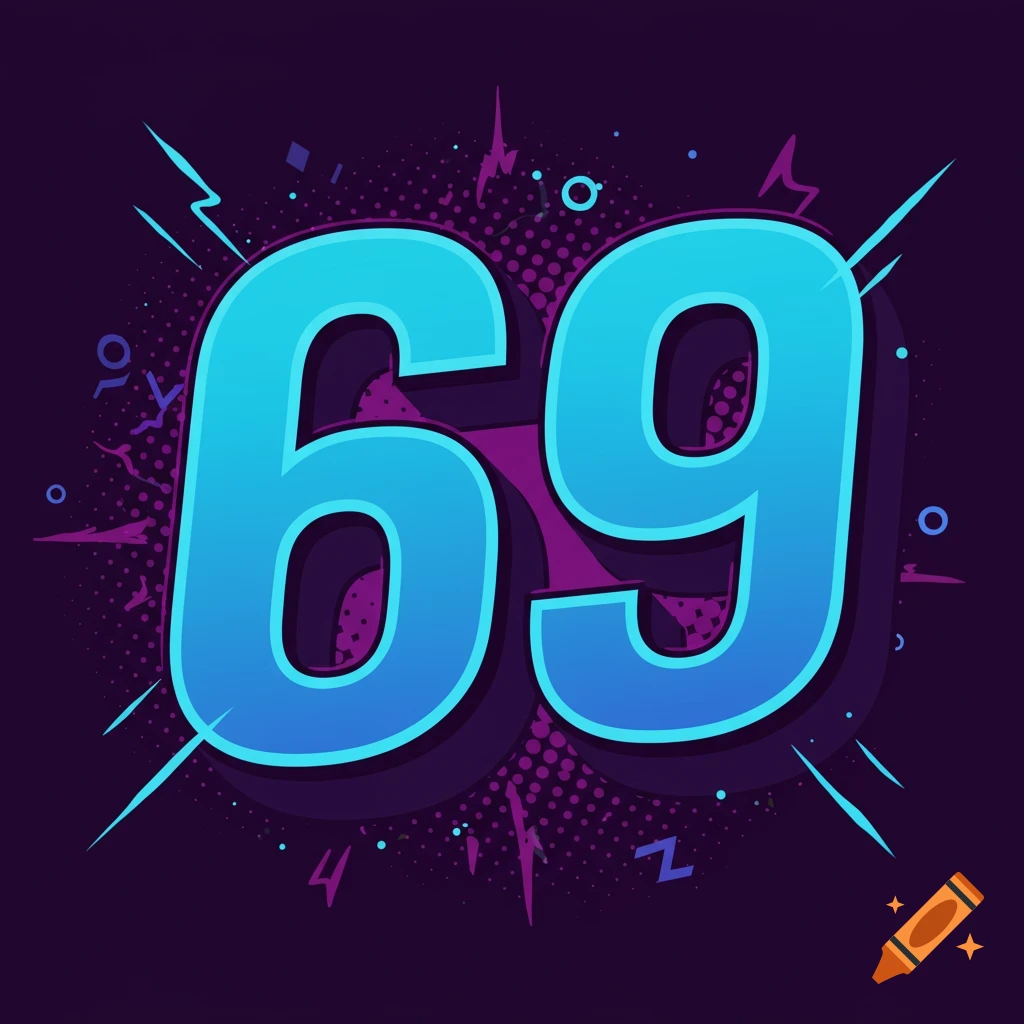 Stylized blue and purple graphic of the number 69