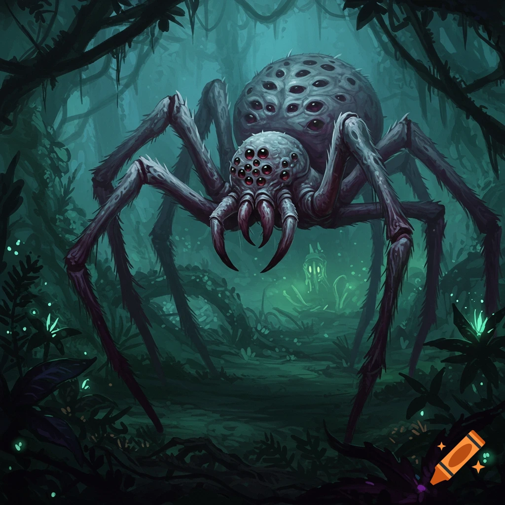 A large, multi-eyed spider with glowing red eyes stands in a dark, misty forest.