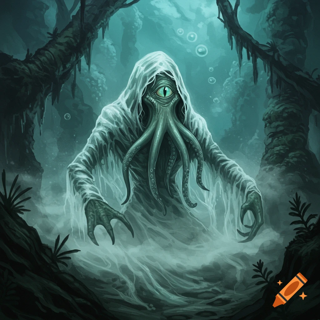 A fantasy creature with tentacles, a single eye, and a hooded robe floats in a misty underwater or swampy environment.