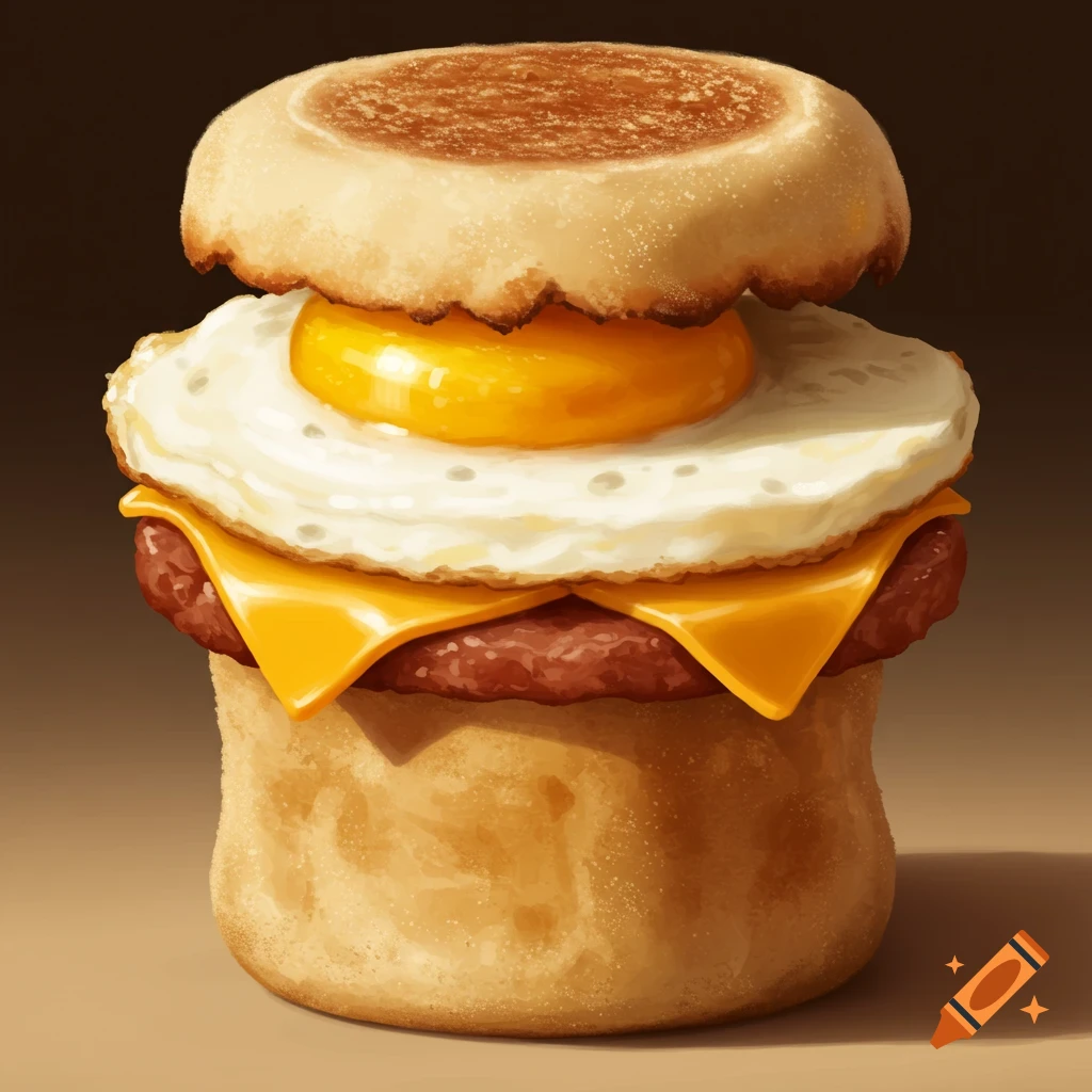 A tall breakfast sandwich with egg, cheese, and sausage.