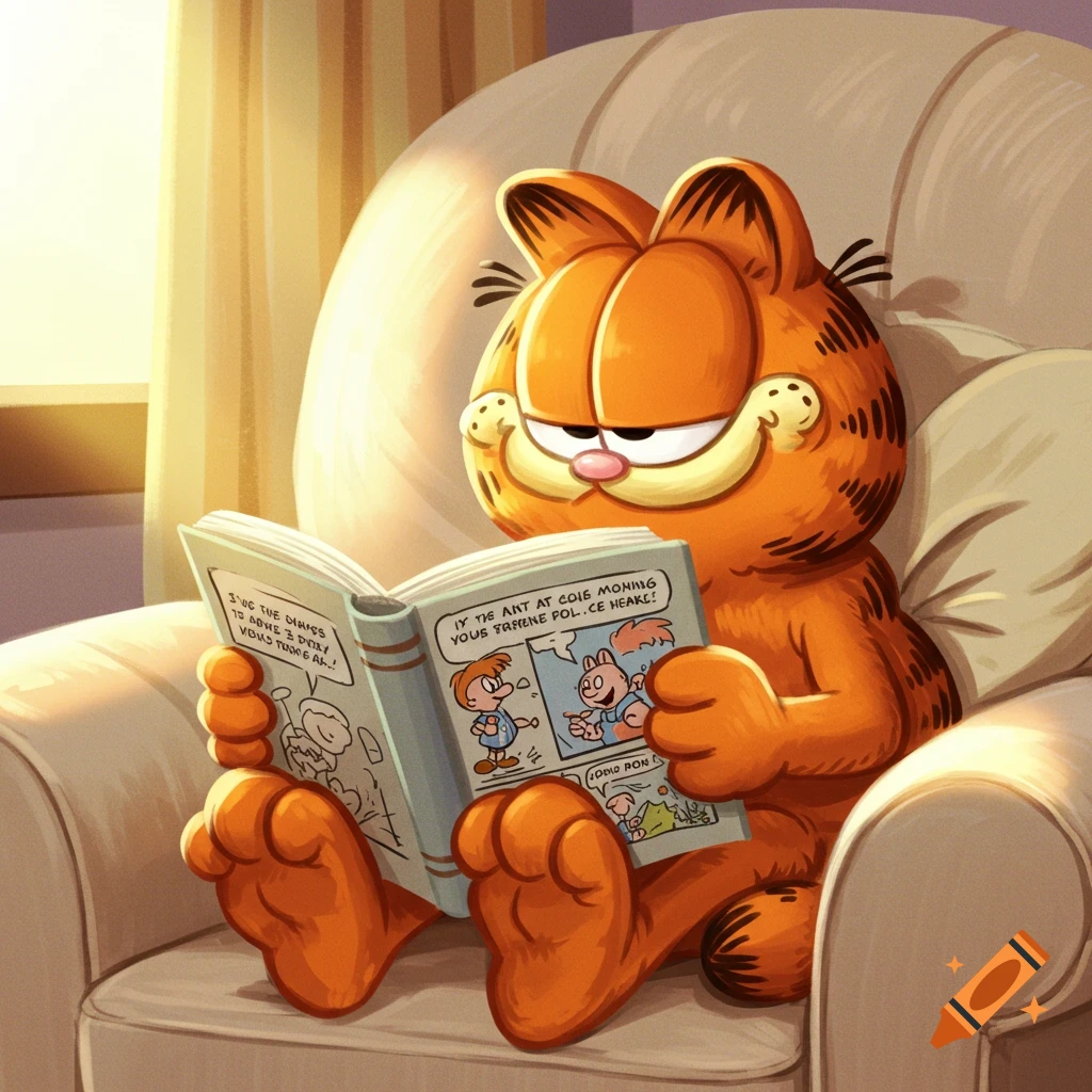 Garfield the cat reading a book in a chair