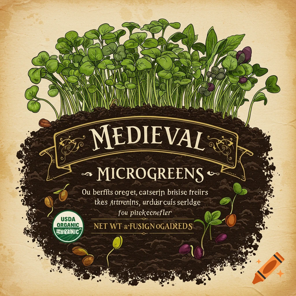 Illustration of microgreens with a label reading 'Medieval Microgreens' in soil
