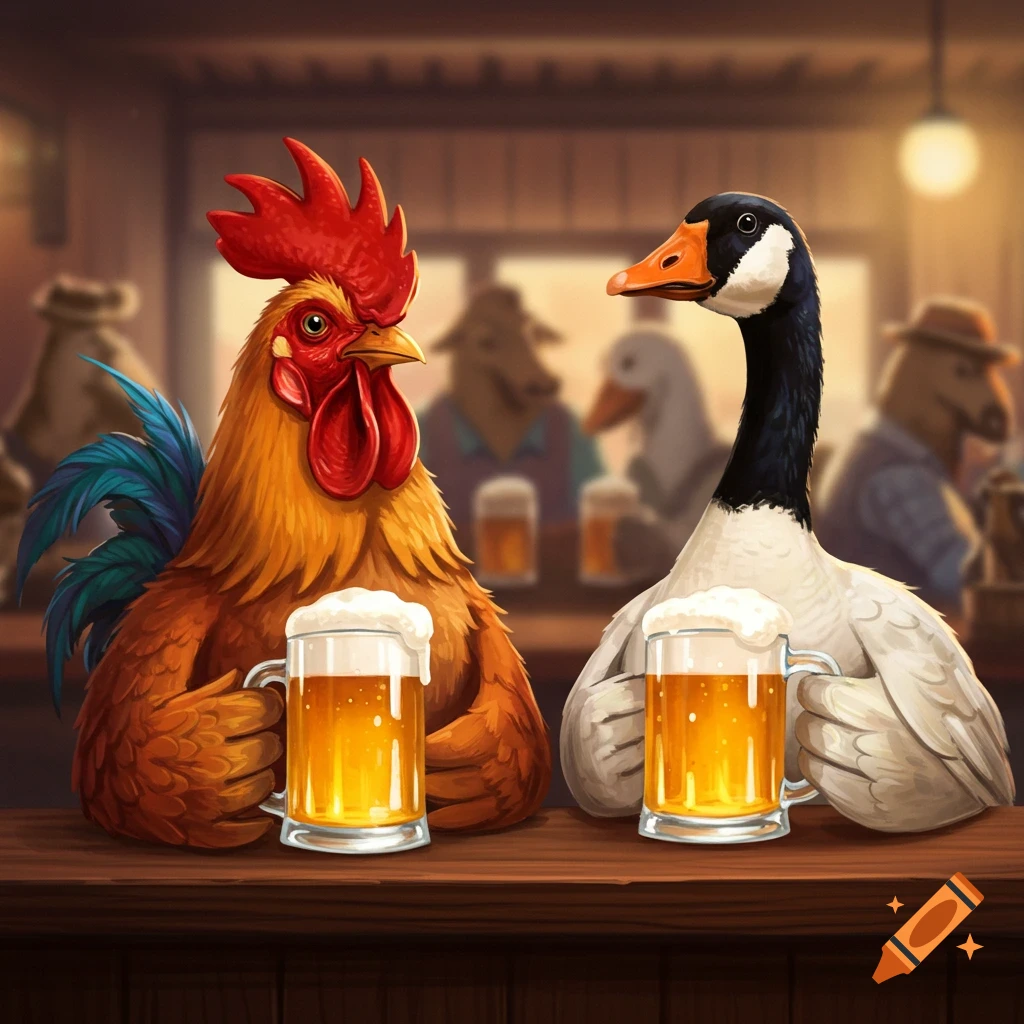 Cartoon rooster and Canada goose sitting at a bar, holding mugs of beer.