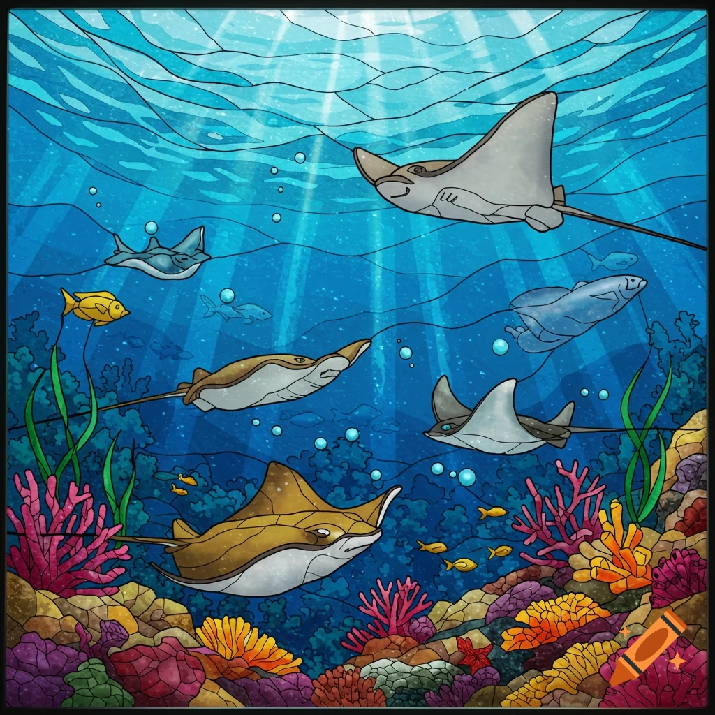 Stained glass art of stingrays and fish swimming among coral underwater.