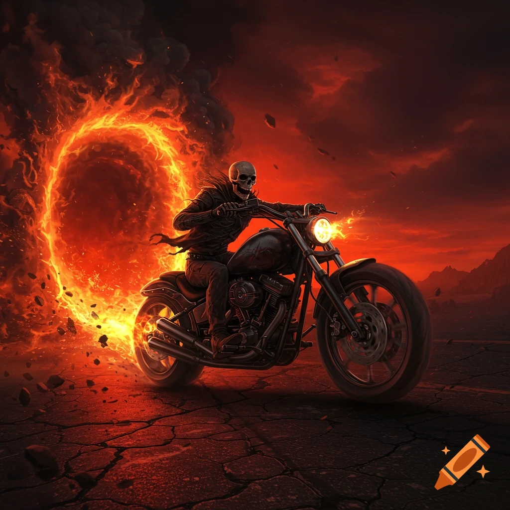 A skeleton on a motorcycle emerges from a fiery portal onto cracked ground.