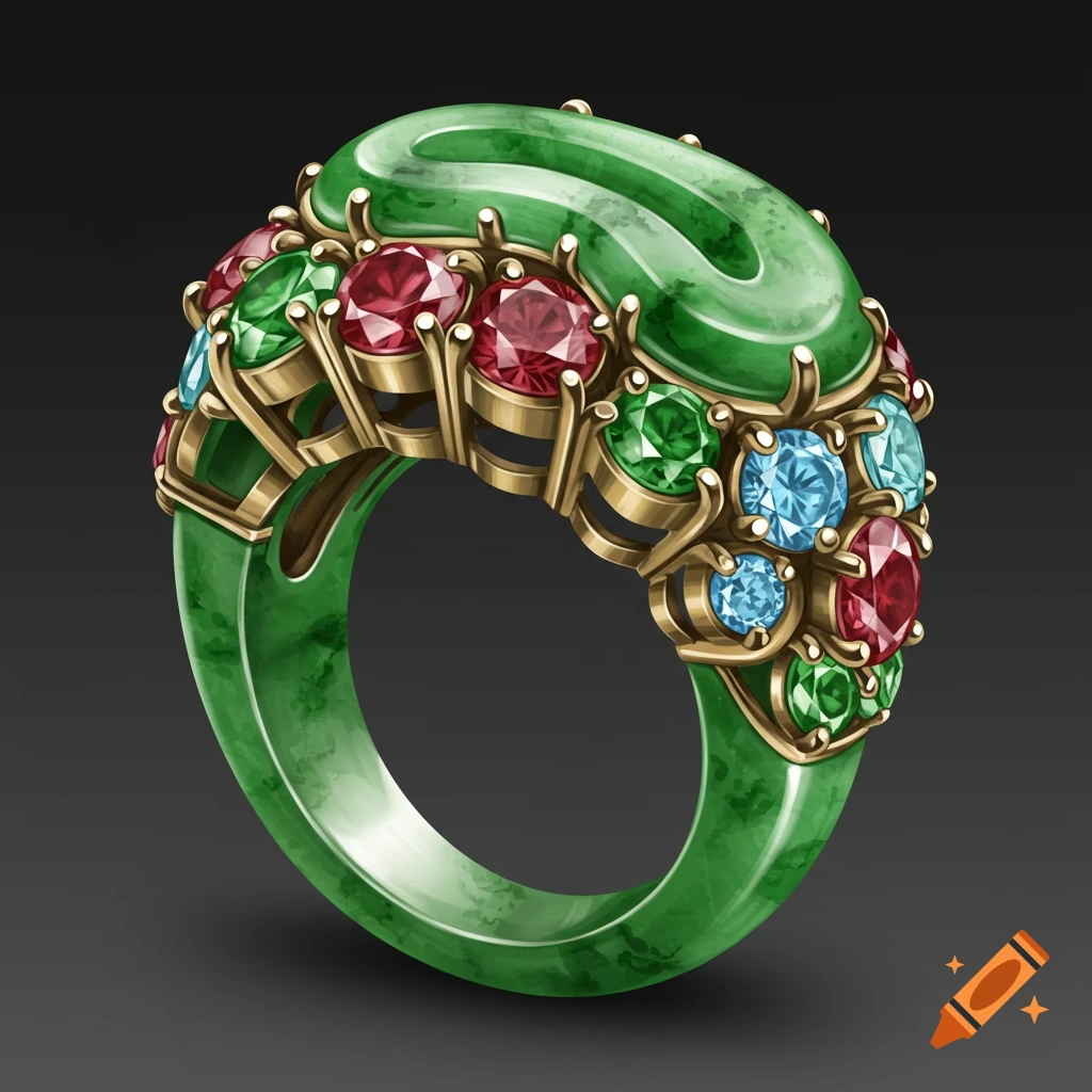 A fantasy ring made of jade with red, green, and blue gems.
