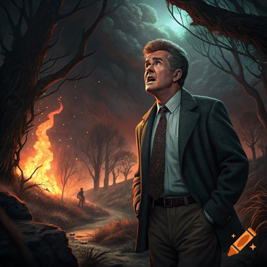 A man in a suit looks up in a dark forest with a large fire burning in the background.