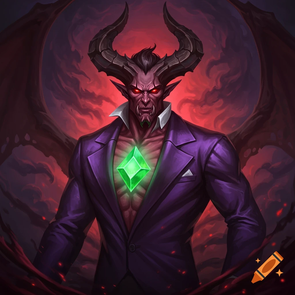 A demon with horns, a purple suit, and a glowing green diamond on his chest.