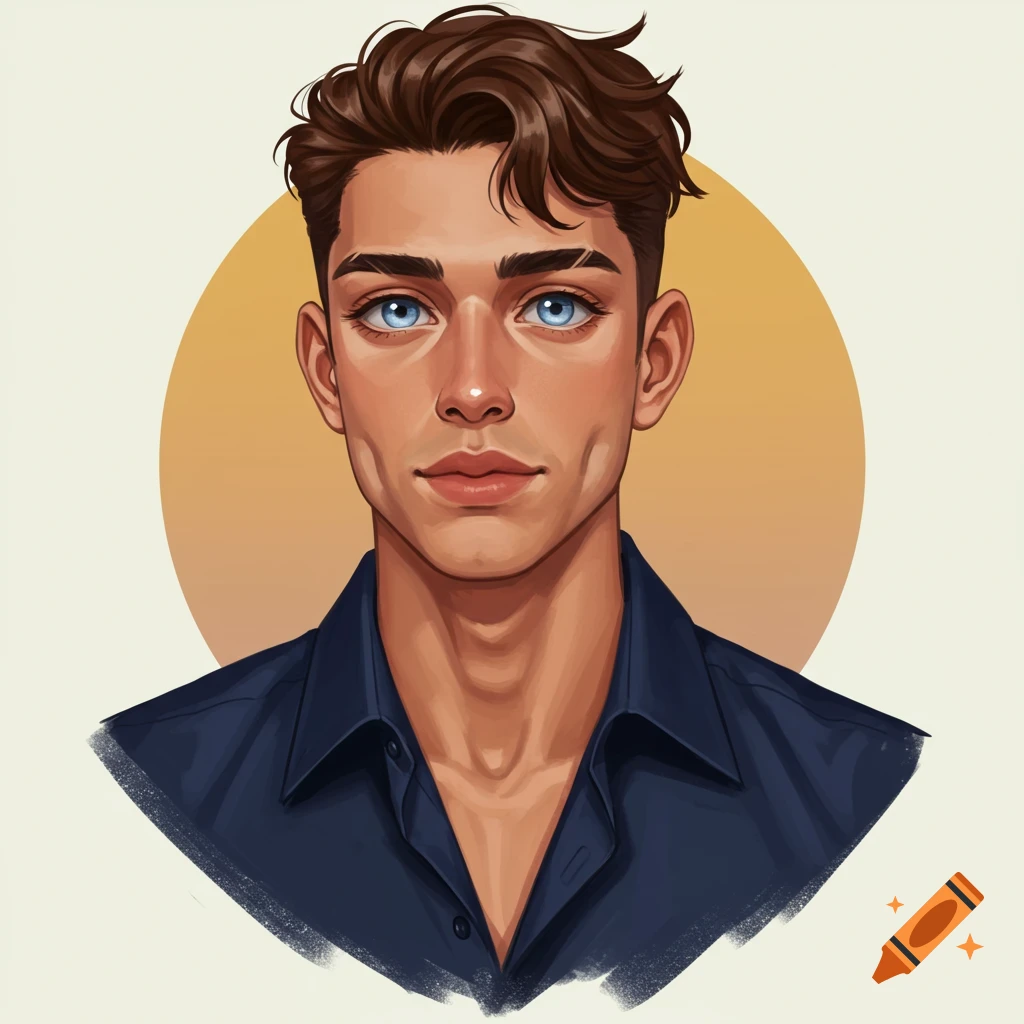 Portrait of a young man with brown hair and blue eyes wearing a navy blue shirt.
