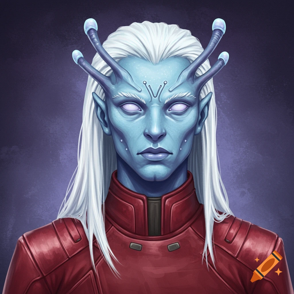 Portrait of a blue-skinned alien with white hair and antennae, wearing a red uniform.