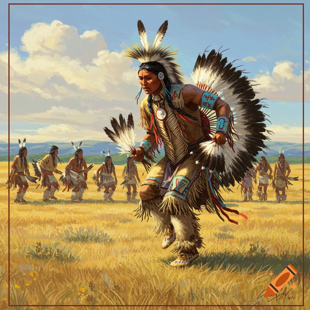 A painting of a Native American man in traditional regalia performing a grass dance in a field, with other dancers in the background.
