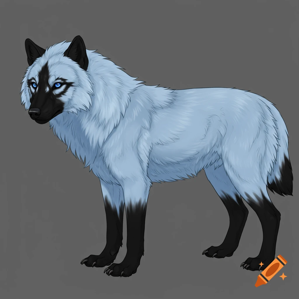 Illustration of a wolf with light blue fur and black legs, face, and ears, with blue eyes.