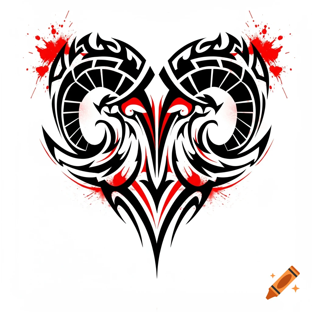 Black and red symmetrical tribal design with red paint splatters.