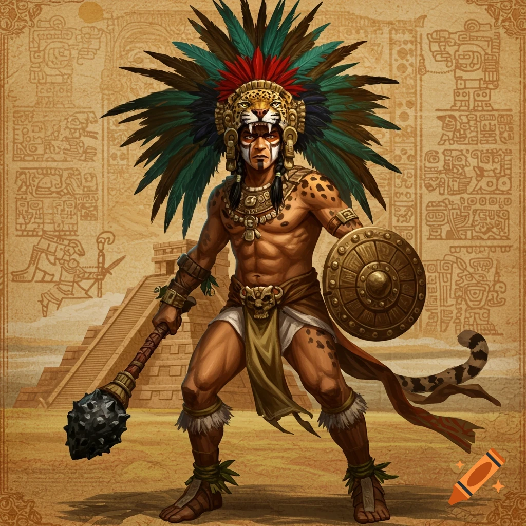 An Aztec Jaguar warrior with a feather headdress, shield, and club, standing before a pyramid and wall with glyphs.