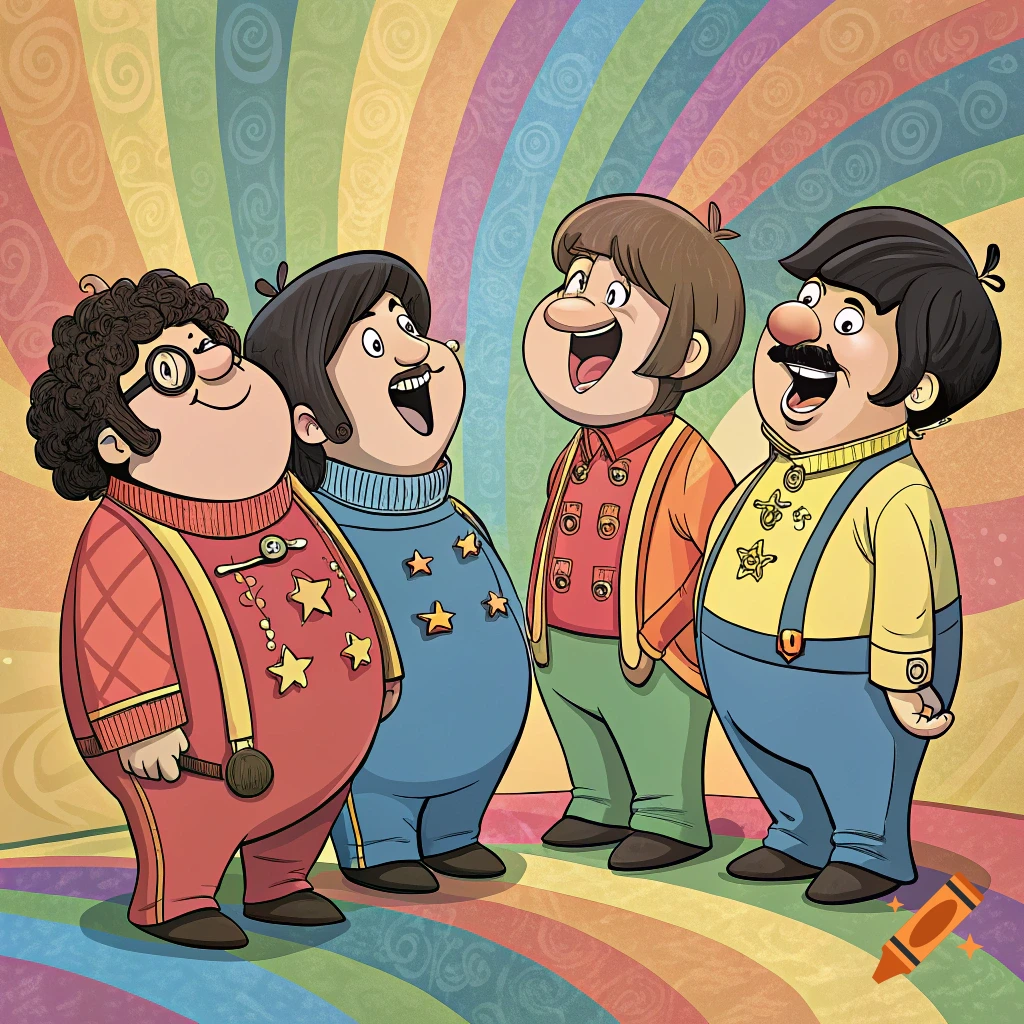 Four fat cartoon men resembling the Beatles stand before a rainbow background.