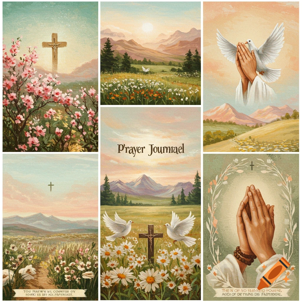 Collage of Christian images: cross with flowers, landscapes, doves, and praying hands.
