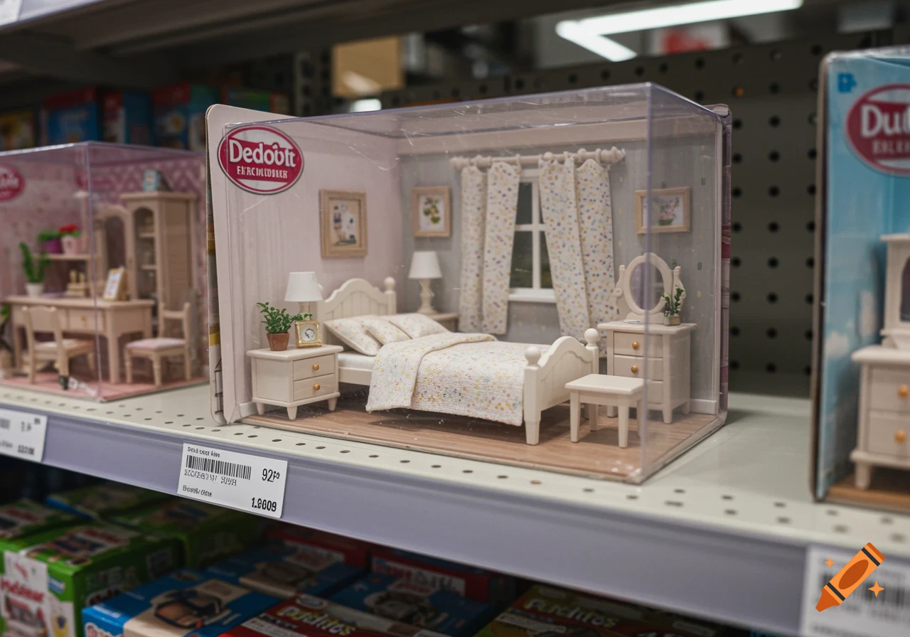A miniature bedroom set in a clear plastic package sits on a shelf in a retail store.