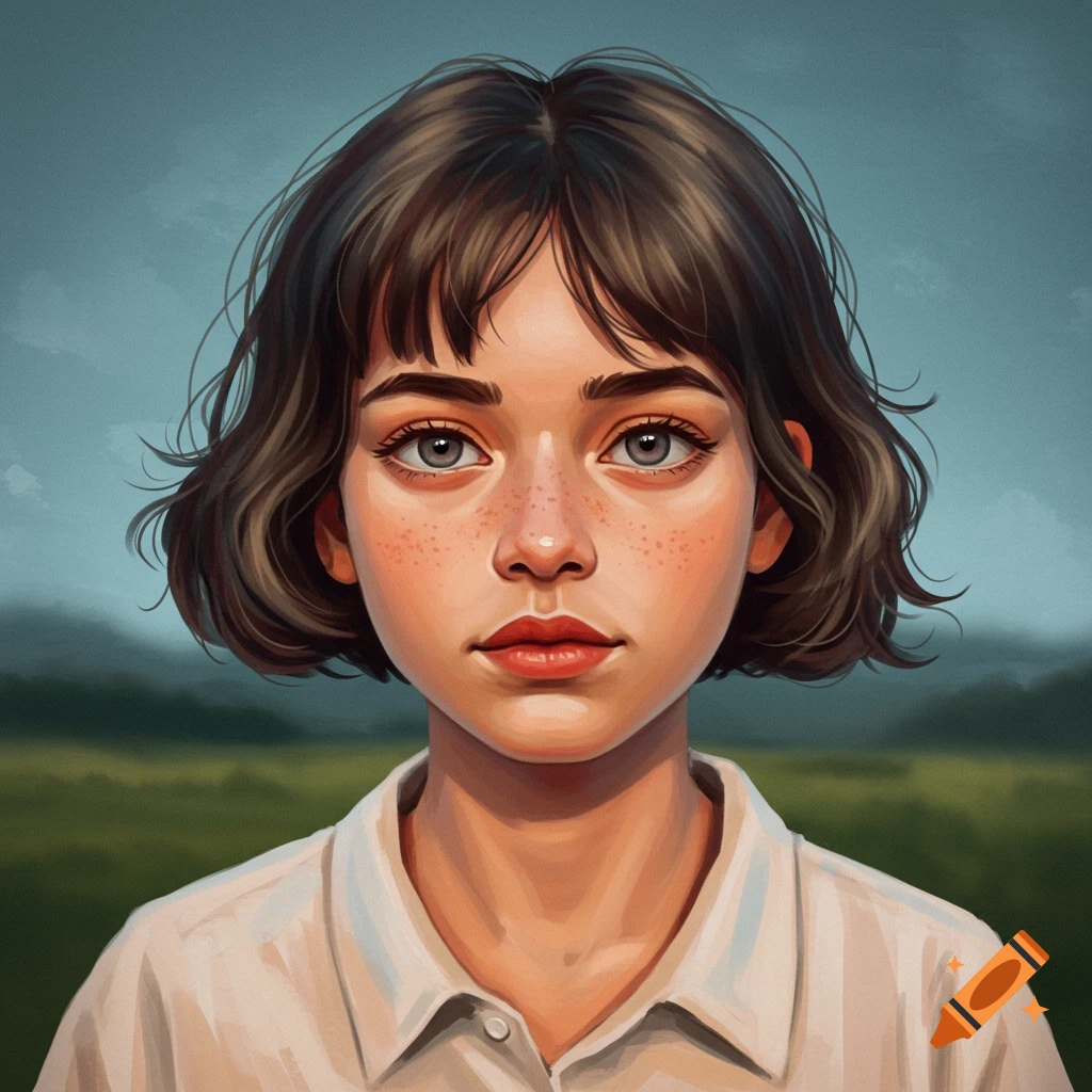 A young woman's face with short brown hair, freckles, and blue eyes, wearing a white shirt, in a field.