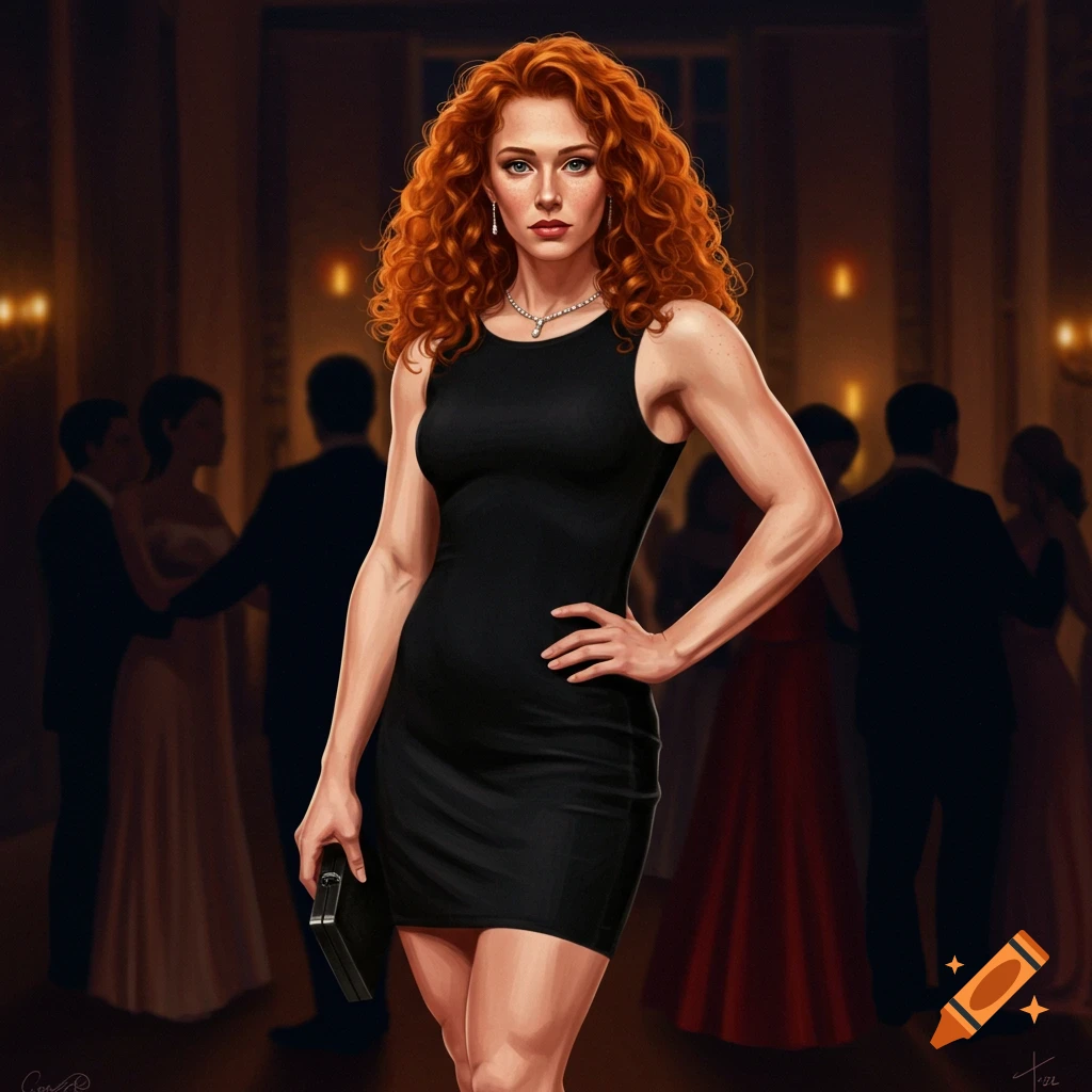 Painting of a woman with red curly hair in a black dress holding a gun in a ballroom with blurred dancers.