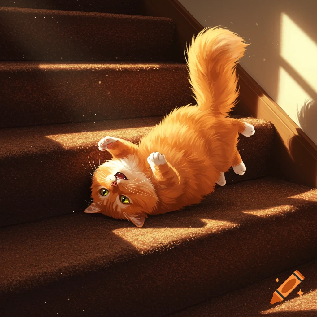 An orange cat rolling on brown carpeted stairs in sunlight.