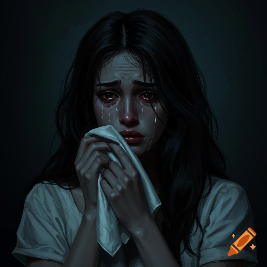 Image of a woman with dark hair crying and holding a white cloth.