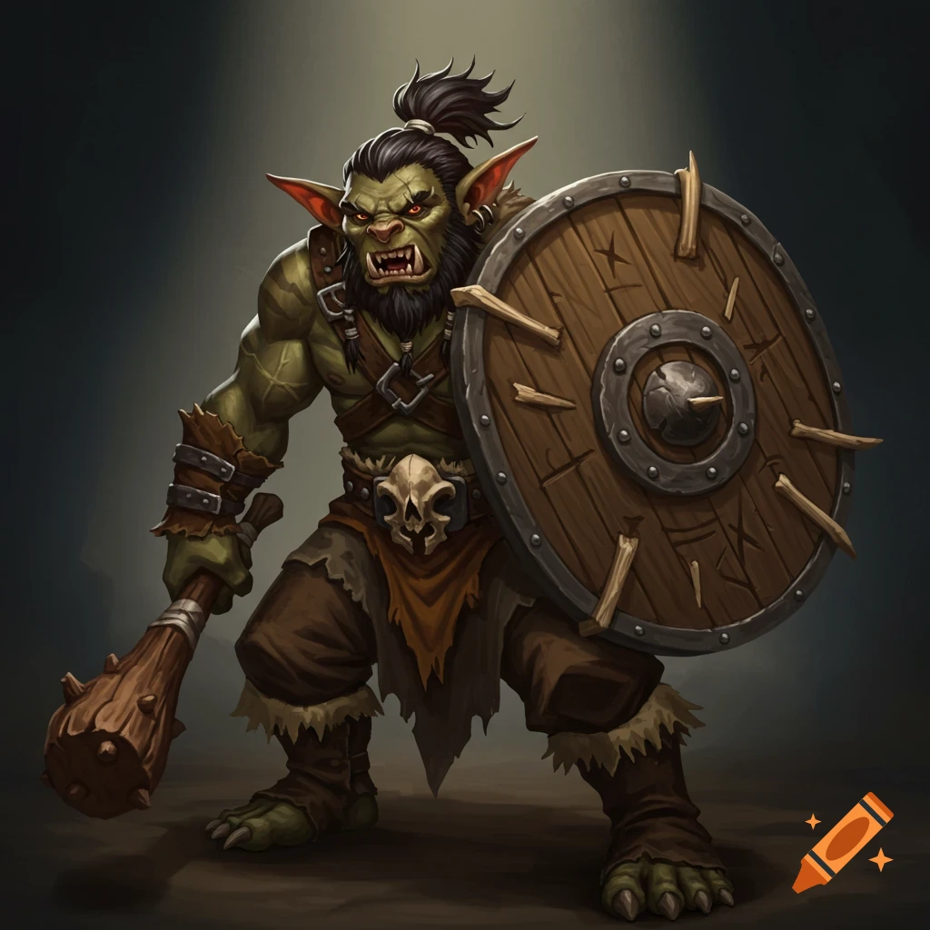 A green-skinned fantasy creature with a shield and club.