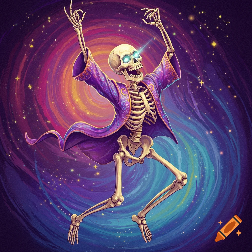 A dancing skeleton in a purple robe in a swirling galaxy background.