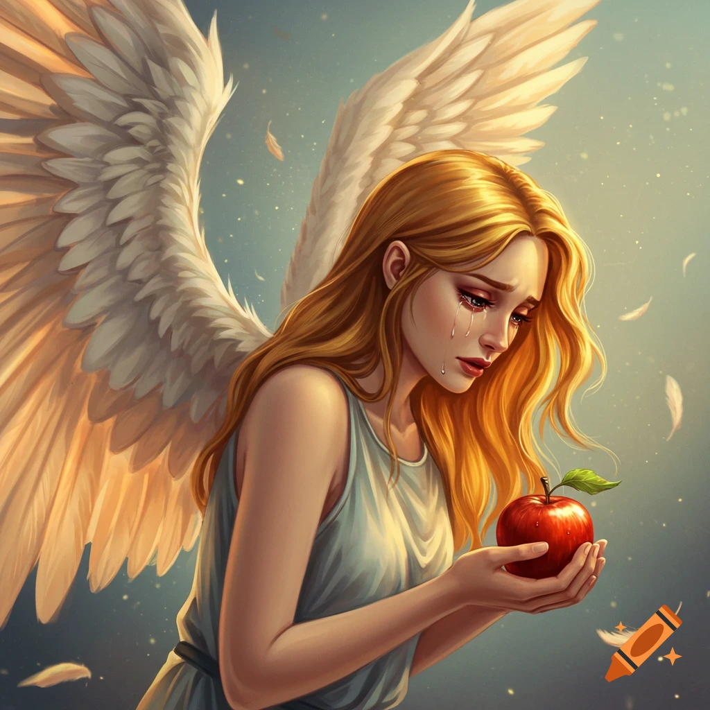 A celestial being with outstretched wings, tears streaming down its face, cradling a forbidden fruit in its hand. Soft downy plumes drift gently around the figure.