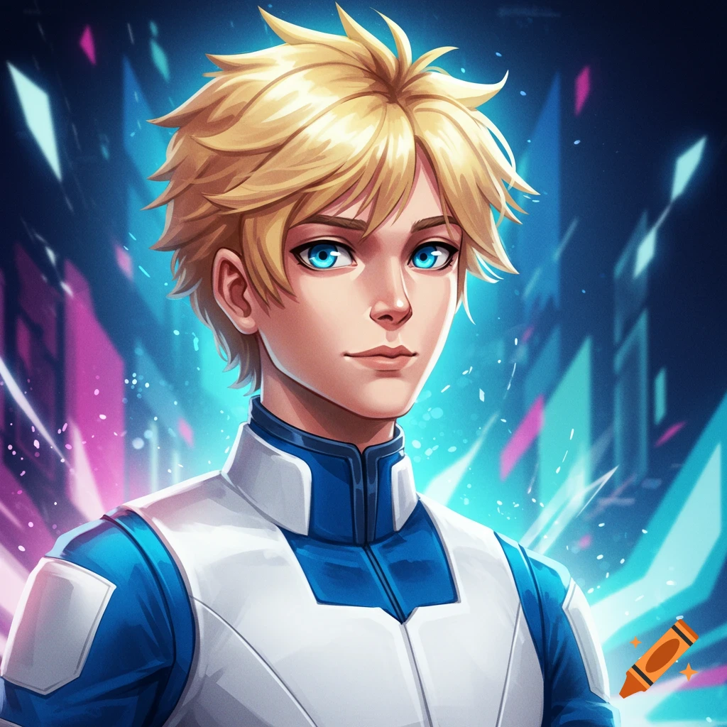 A blond anime character with blue eyes in a blue and white suit against a futuristic background.