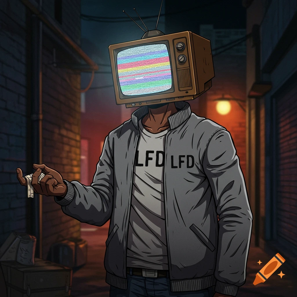 Anime illustration of a character with a TV head wearing a grey jacket with LFD text, standing in a shadowy alley