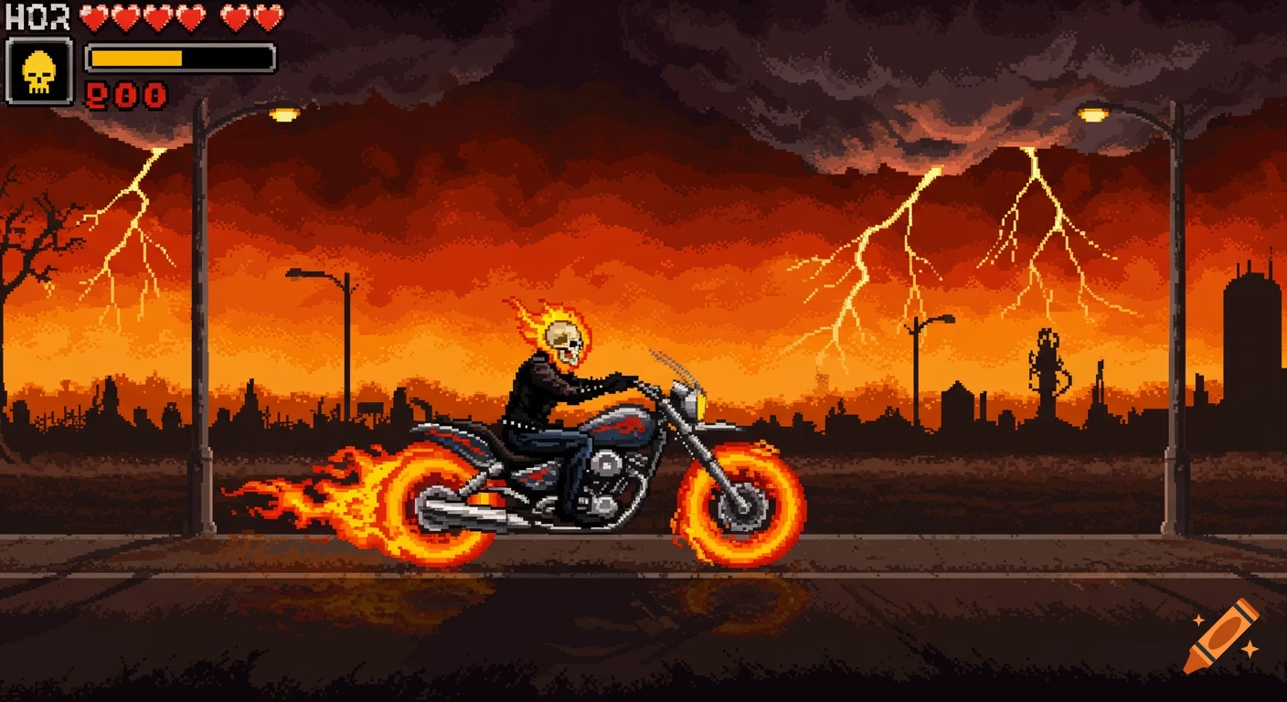 Pixel art 16-bit style image of Ghost Rider riding a flaming motorcycle on a road at night during a lightning storm, with game UI elements.