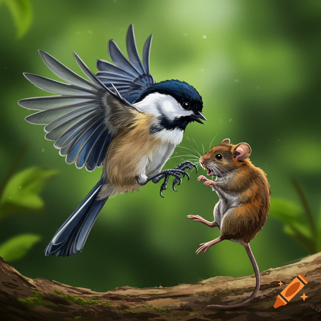 A chickadee bird with outstretched wings confronts a mouse on a branch.