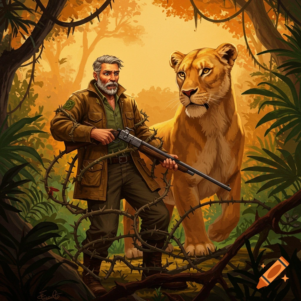 A hunter with a rifle is looking surprised next to a lioness in a jungle.