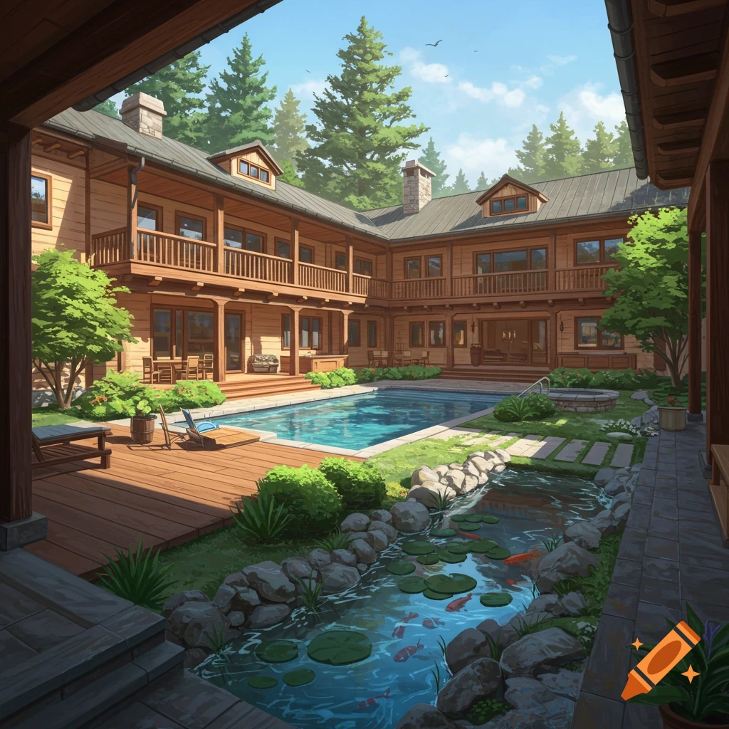 Large wooden mansion with a central courtyard featuring a pool, pond, and lush landscaping under a clear sky.