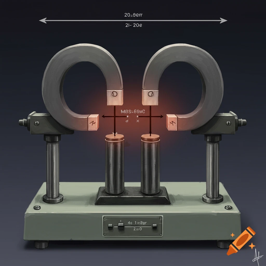 A lab instrument with two horseshoe magnets facing each other on a grey base.