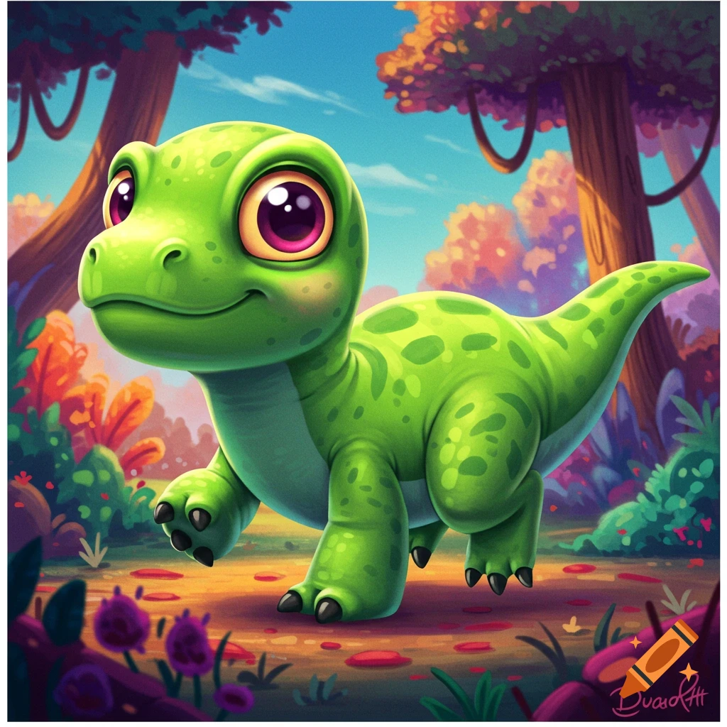 A cute baby green dinosaur with big eyes walks through a colorful forest.