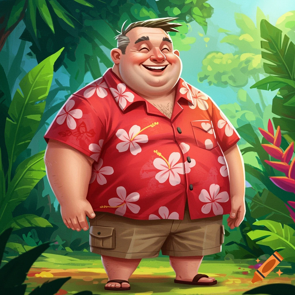A cheerful, chubby man in a Hawaiian shirt stands in a tropical setting ...