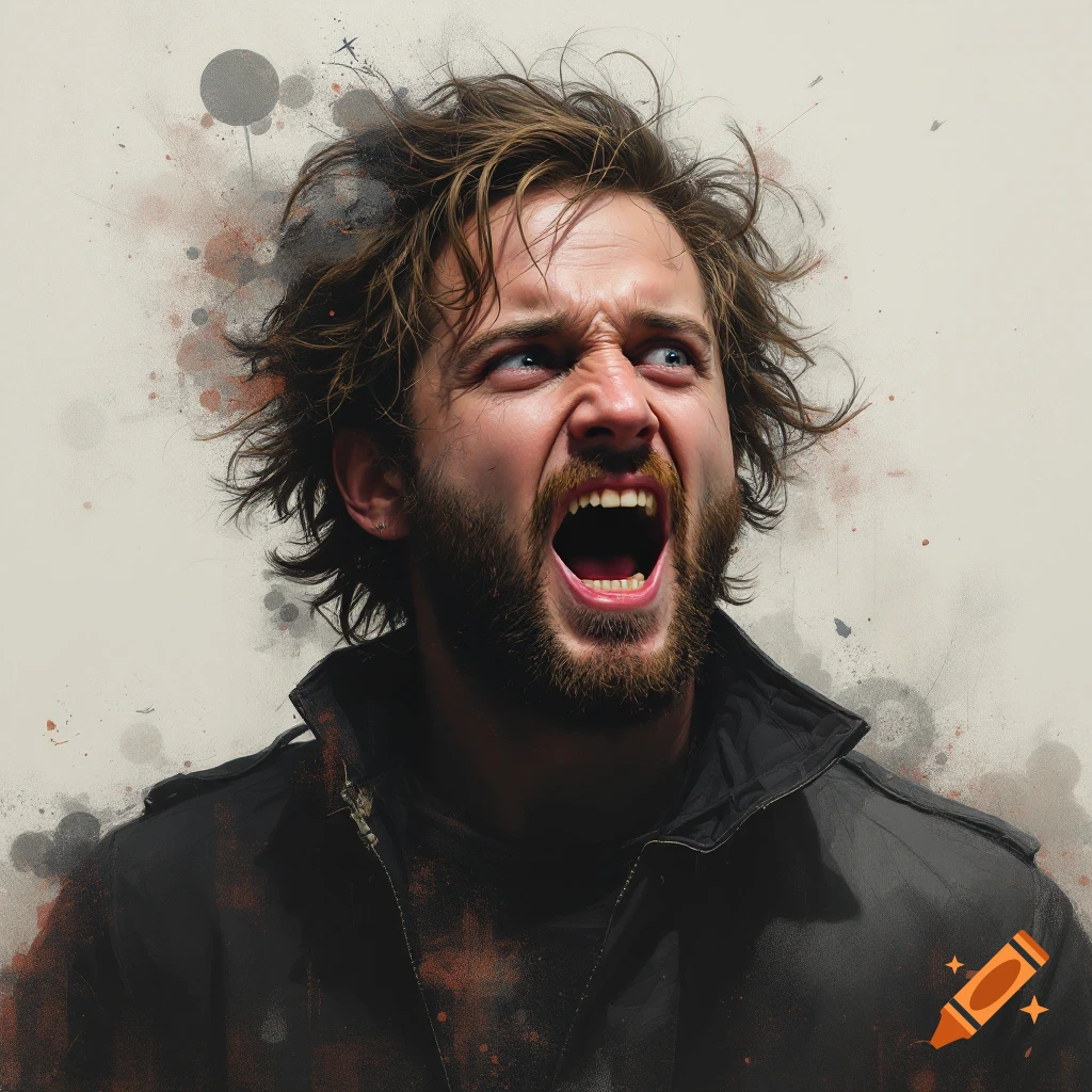 A man with messy hair is screaming upwards with paint splatters.