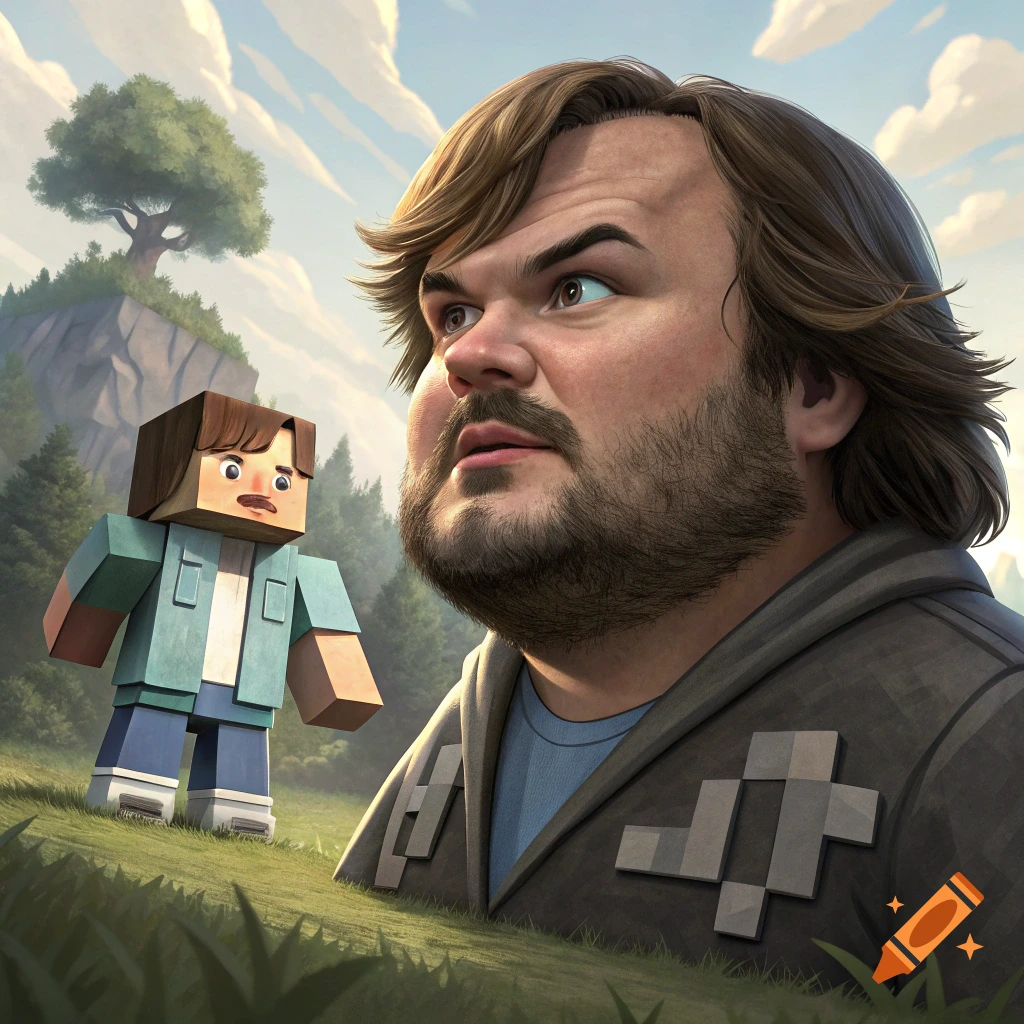 Realistic Jack Black head on a Minecraft body stands beside a Minecraft character in a grassy landscape.