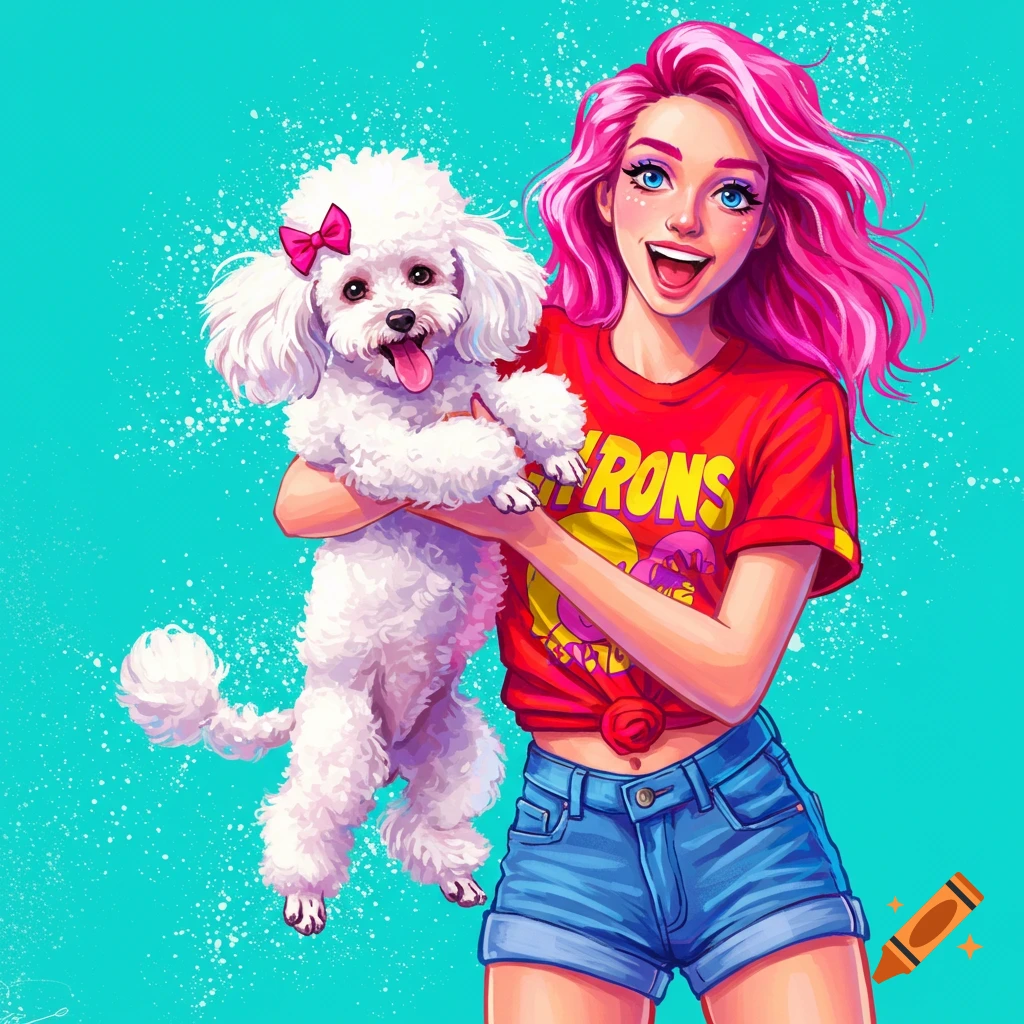 A smiling woman with pink hair holding a white poodle.