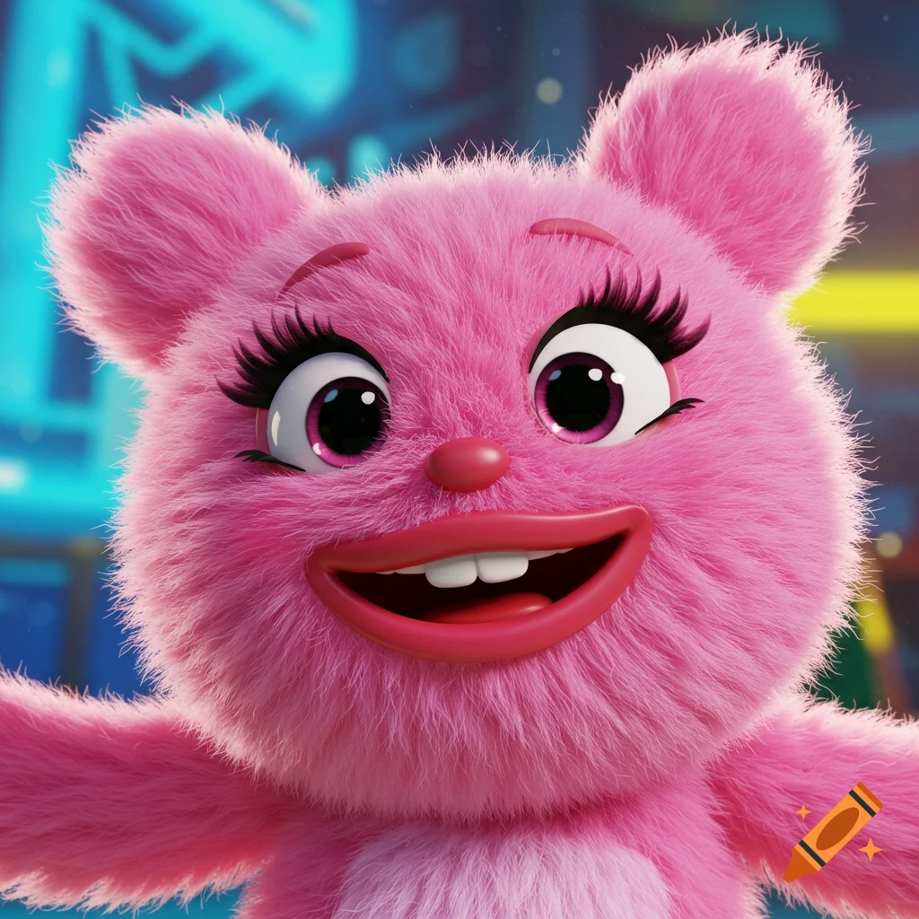 Close-up of a fluffy pink cartoon creature with big eyes and a wide smile.