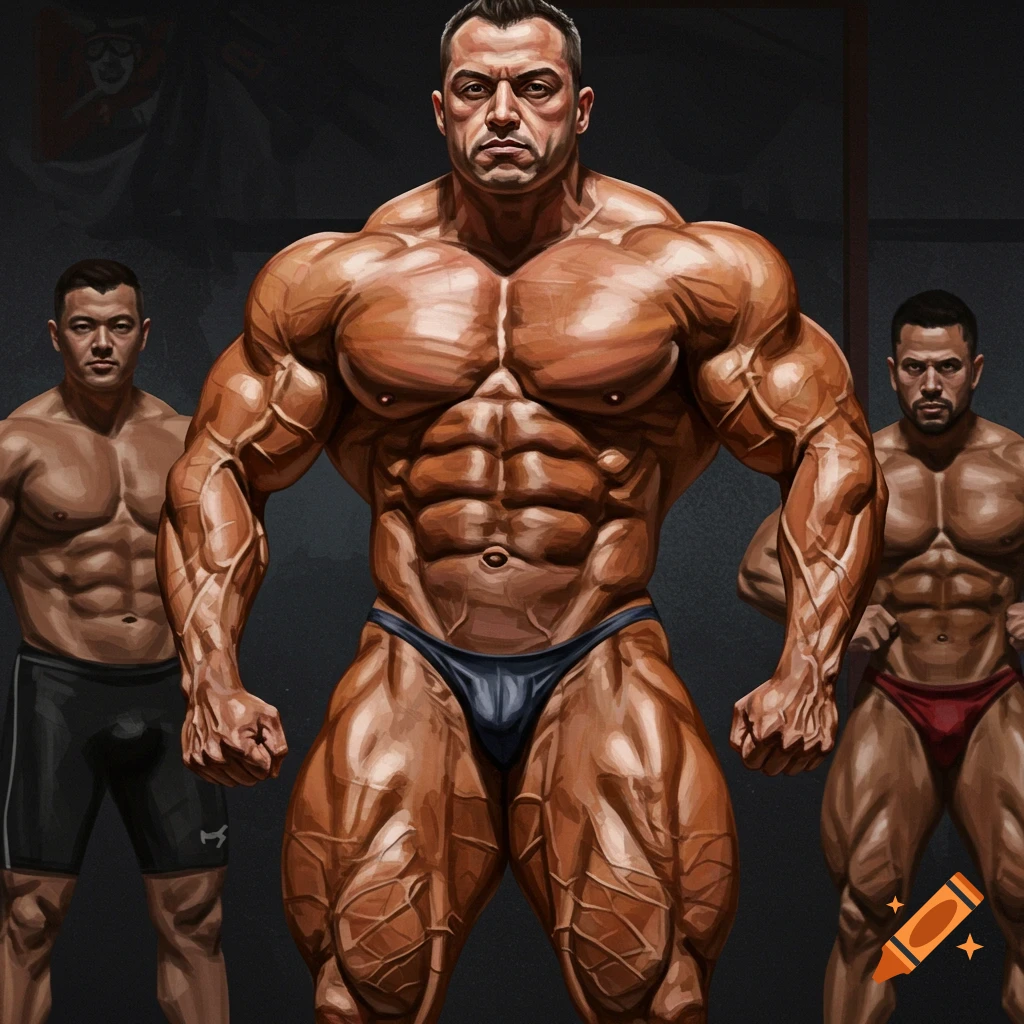 An extremely muscular bodybuilder posing with two others.