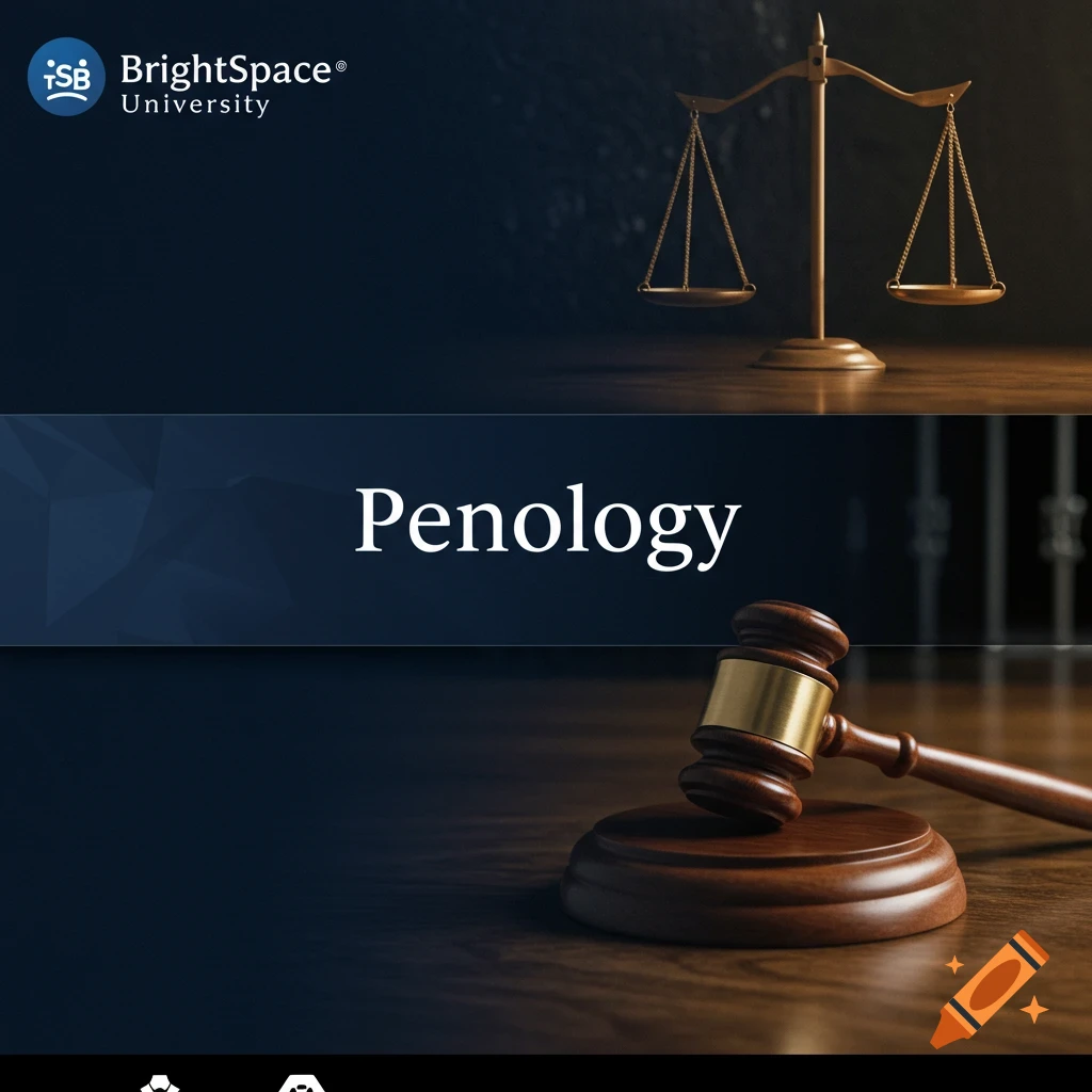Scales of justice and a gavel with text 'Penology' and 'BrightSpace University'.