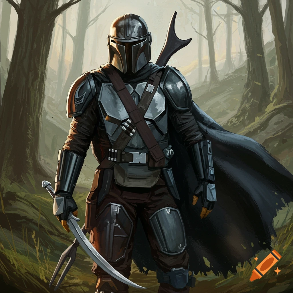 A person in silver armor and helmet stands in a forest.