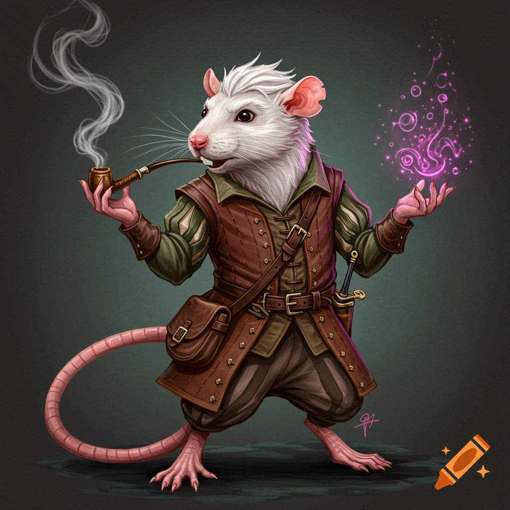 A white rat character in fantasy clothing holds a pipe and casts purple magic.