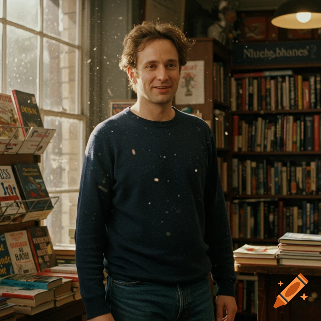 A man in a blue sweater stands smiling in a sunlit bookstore.