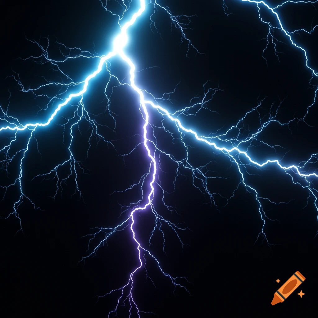 Bright blue and purple lightning bolts against a dark sky