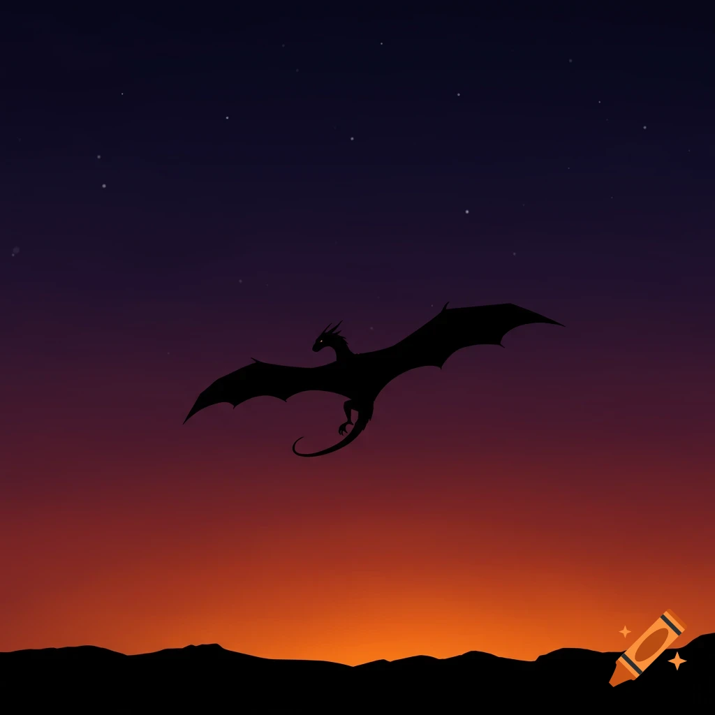 A black dragon silhouette flies over a landscape at sunset.